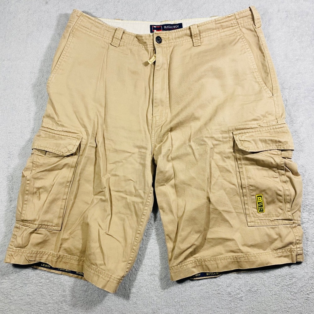 Bugle Boy Cargo Shorts Mens 36 Khaki Tan Cotton Twill Utility Multi Pocket B-77
